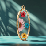 Multicolor Dried Natural Flowers Resin Charm - 20×44mm 18K Gold Plated - Image 2